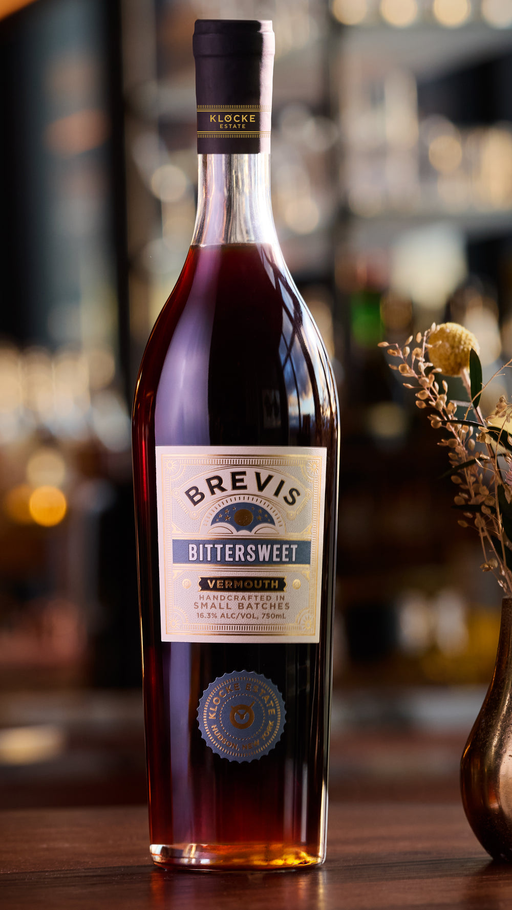 Klocke Estate Brevis Bitersweet Vermouth bottle and glass