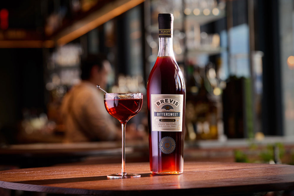 Klocke Estate Brevis Bitersweet Vermouth bottle and glass