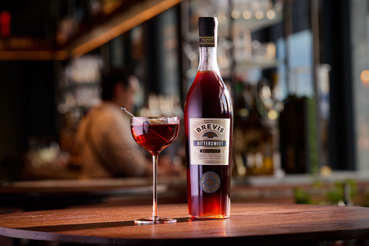 Klocke Estate Brevis Bitersweet Vermouth bottle and glass