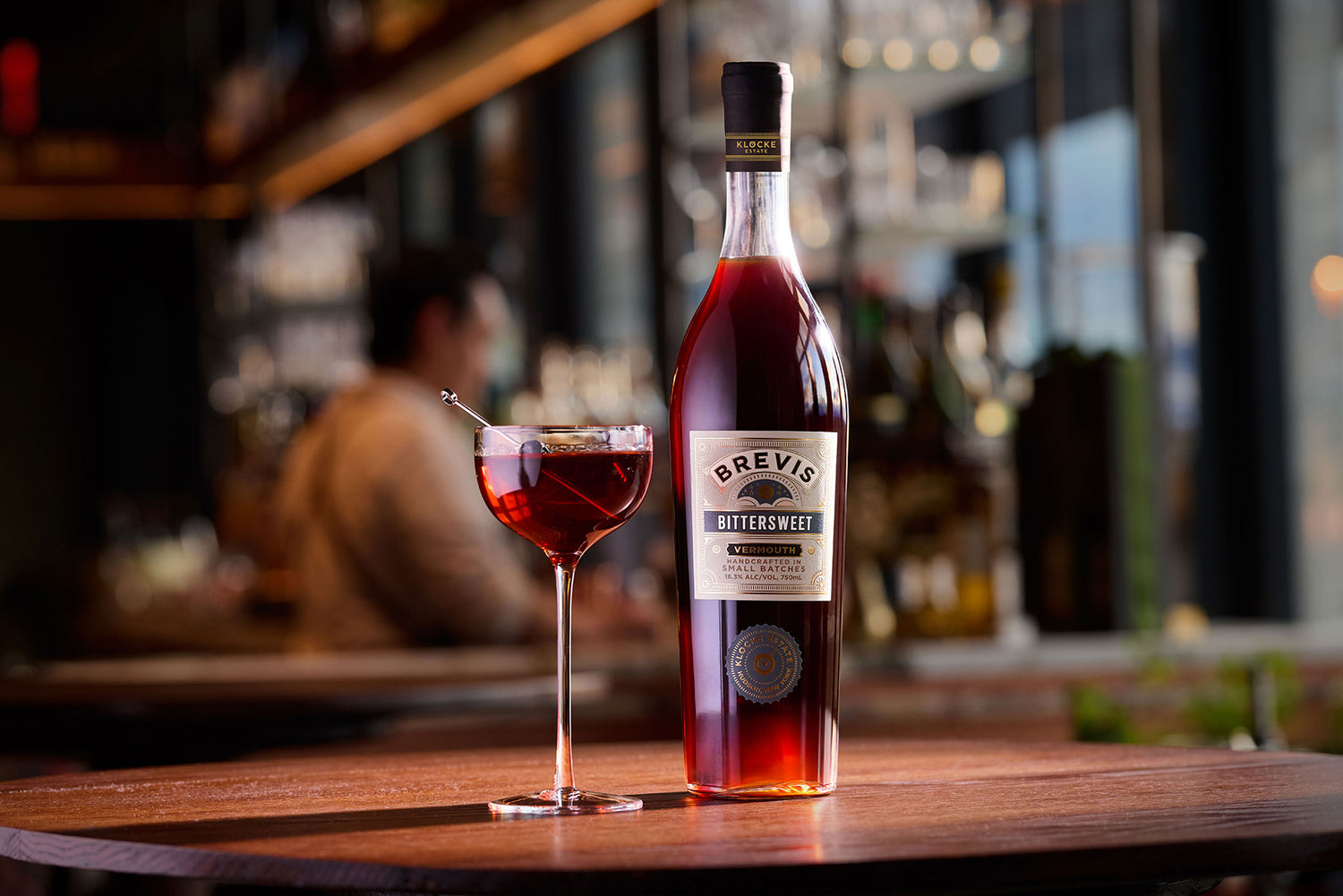Klocke Estate Brevis Bitersweet Vermouth bottle and glass