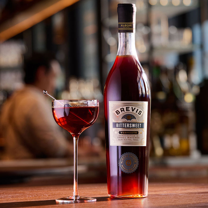 Brevis Bittersweet Vermouth, bottle and glass