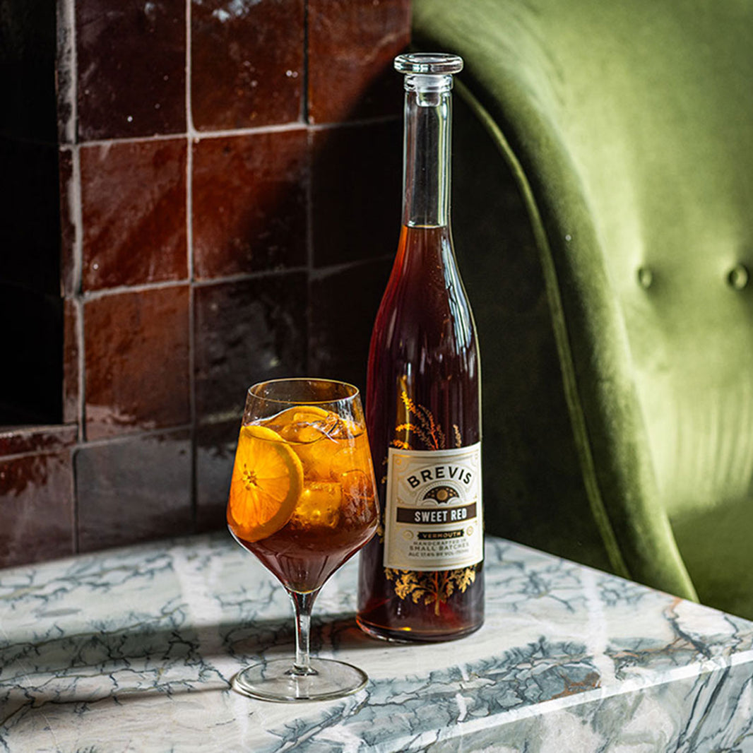 A spritz cocktail made with Klocke Estate Brevis Sweet Red Vermouth.